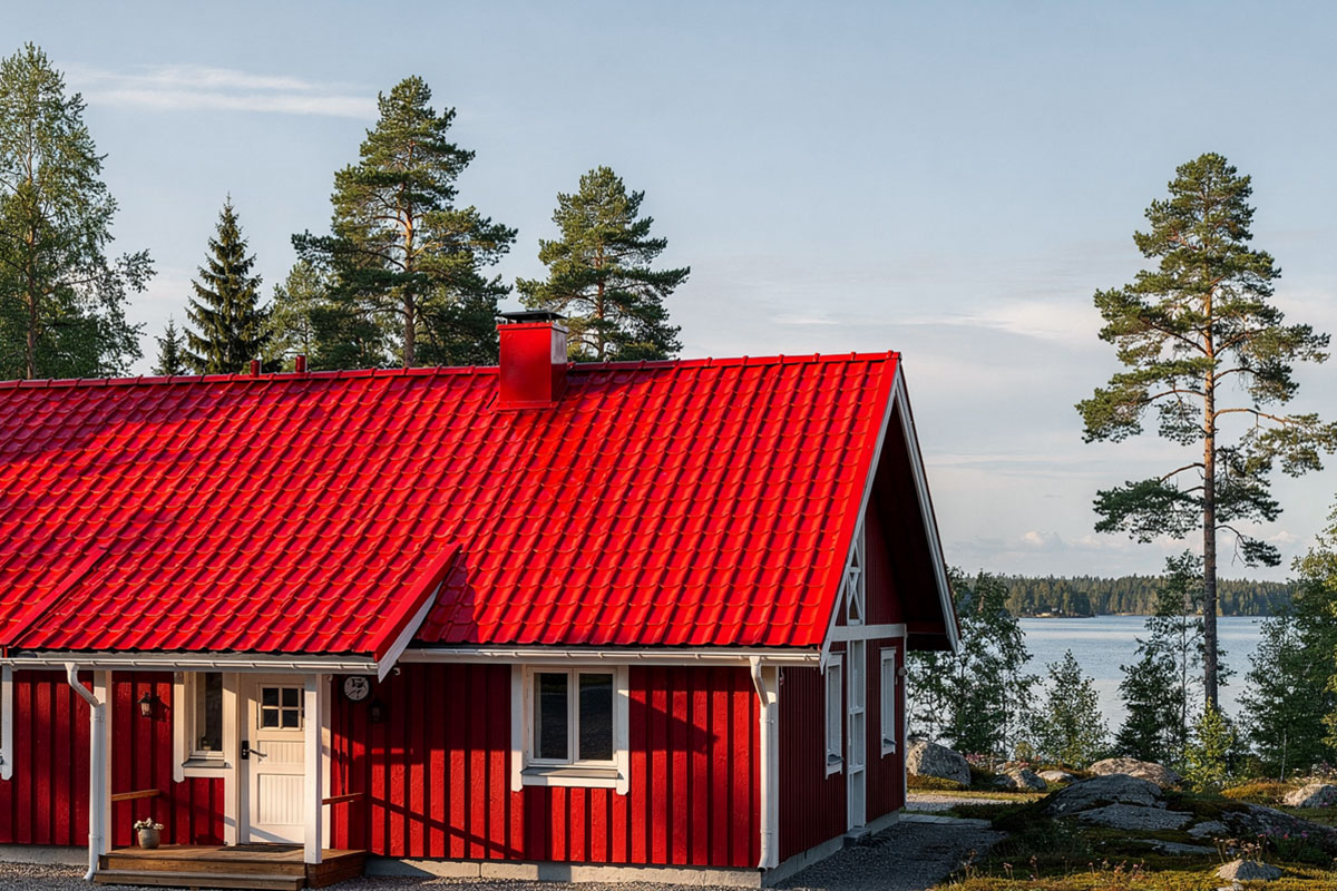 Punainen remontoitu tiilikatto rannalla
